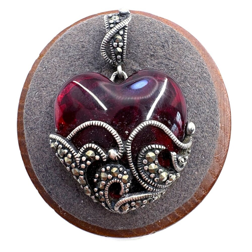 Ross Simons Sterling Silver 925 Glass Marcasite Heart Pendant Size 1.5" Length